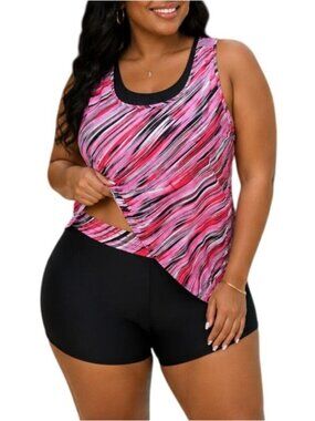 NIeyook Plus Size 26W Swim Set 3-Piece Tank Top Sports Bra Boyshort Black Pink